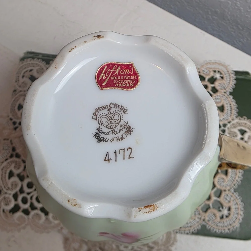 Vintage Lefton Hand‎ Painted Rose Porcelain Pitcher Green Gold Gilt Scallop Rim